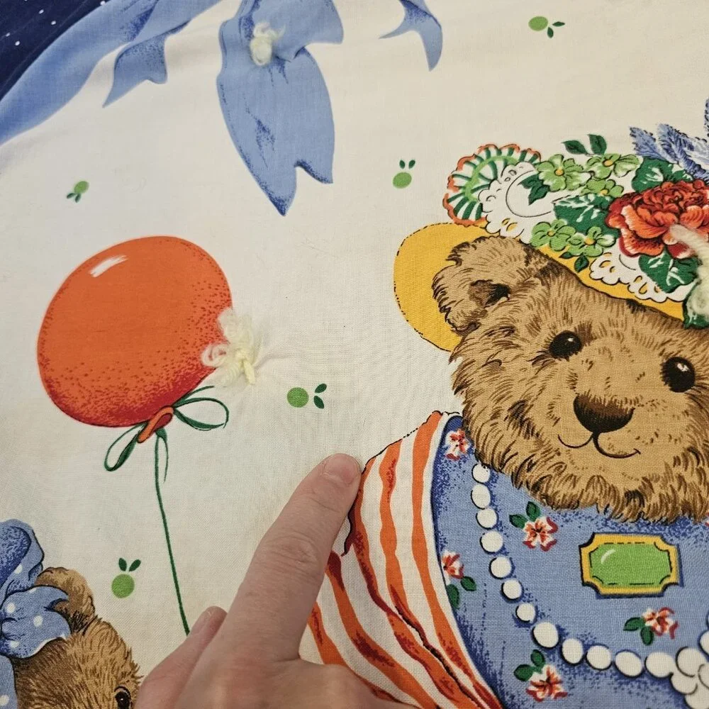VTG 90s Teddy Bear Baby Quilt Blanket‎ Family Tea Party Blue